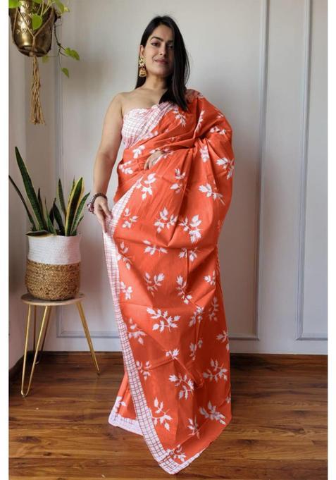 Orange Printed Cotton Saree Set