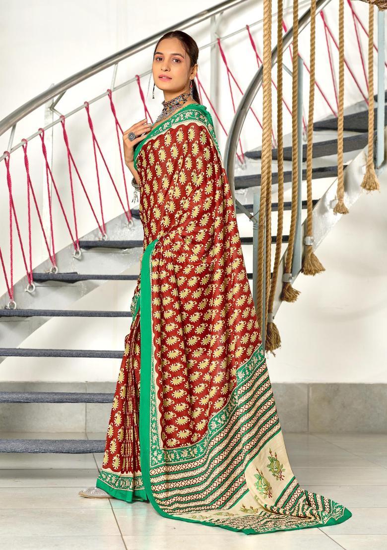 Red Paisley Cotton Saree Set - Indya