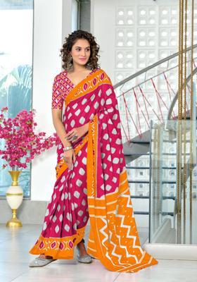 Pink Printed Cotton Saree Set