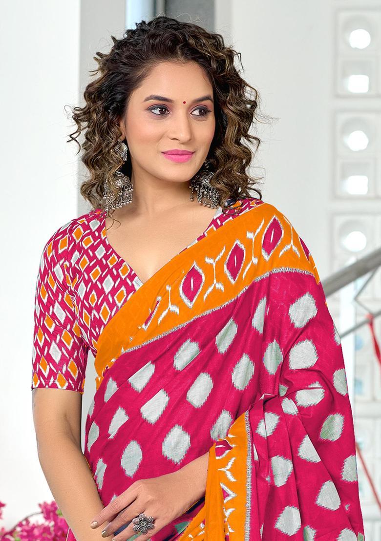 Pink Printed Cotton Saree Set - Indya