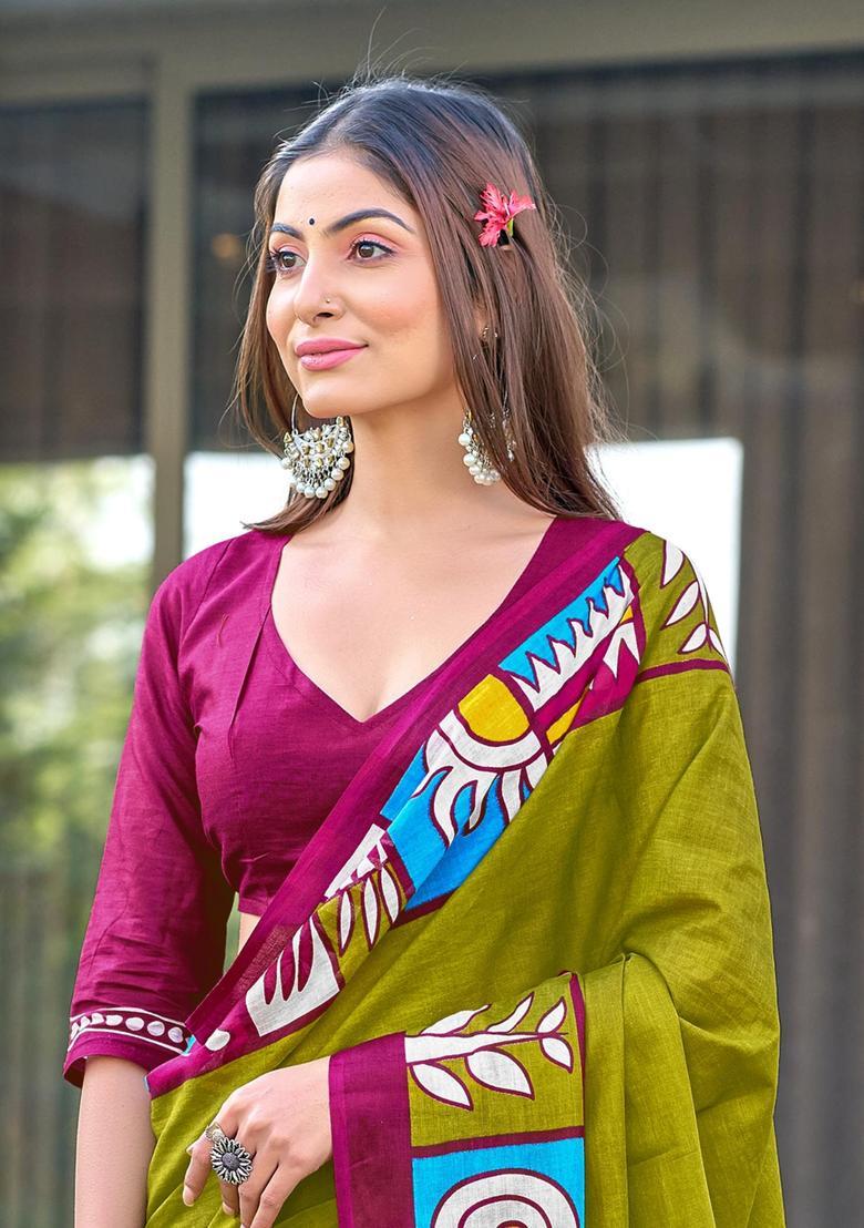Green Geometric Print Cotton Saree Set - Indya