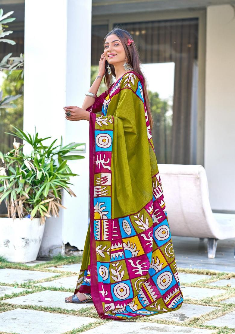 Green Geometric Print Cotton Saree Set - Indya