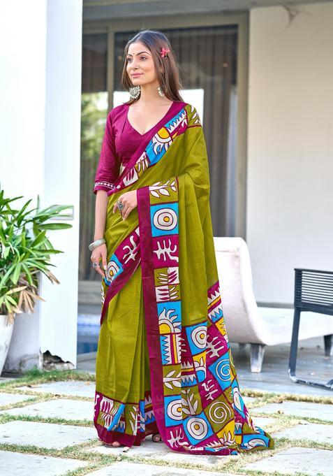 Green Geometric Print Cotton Saree Set