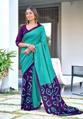 Green Printed Cotton Saree Set