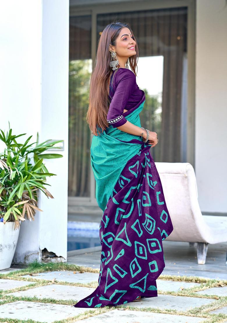 Green Printed Cotton Saree Set - Indya