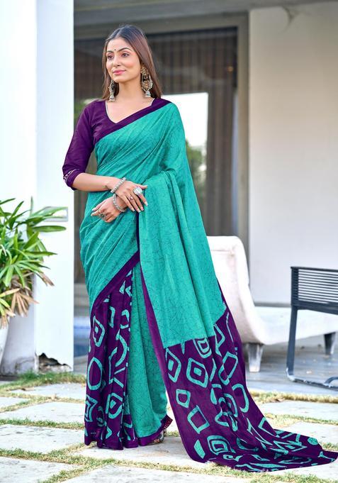 Green Printed Cotton Saree Set