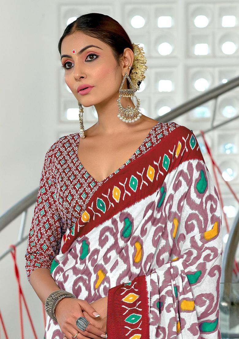 White Printed Cotton Saree Set - Indya