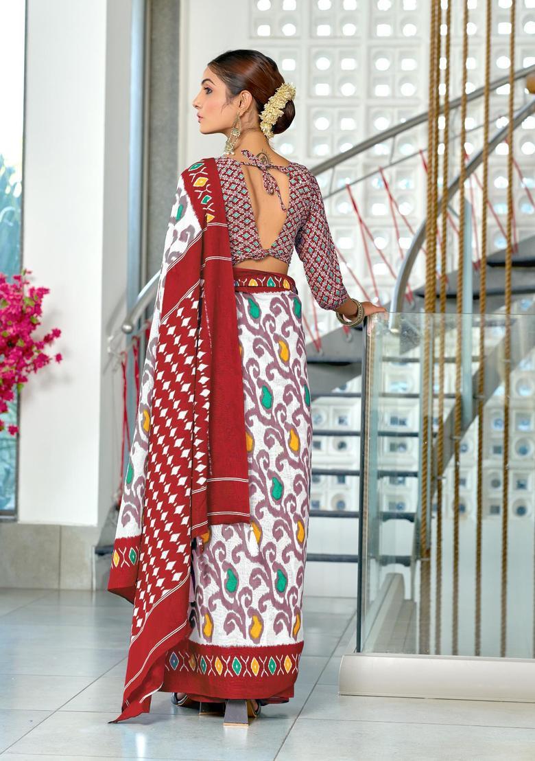 White Printed Cotton Saree Set - Indya