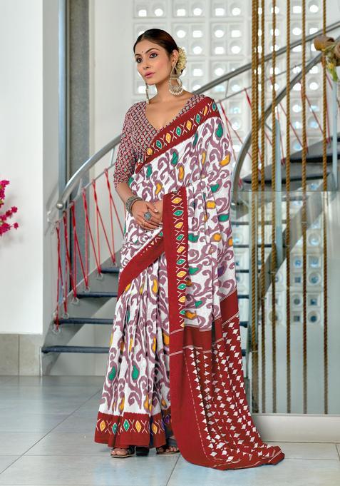 White Printed Cotton Saree Set