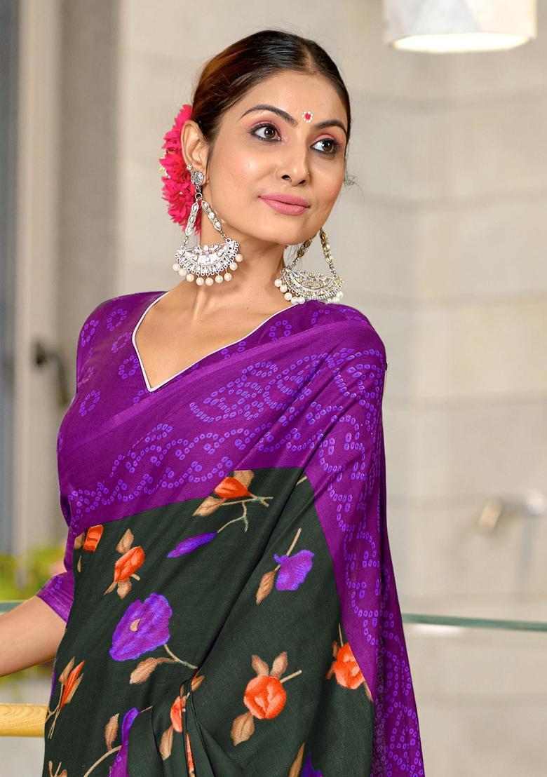 Black Floral Print Cotton Saree Set - Indya