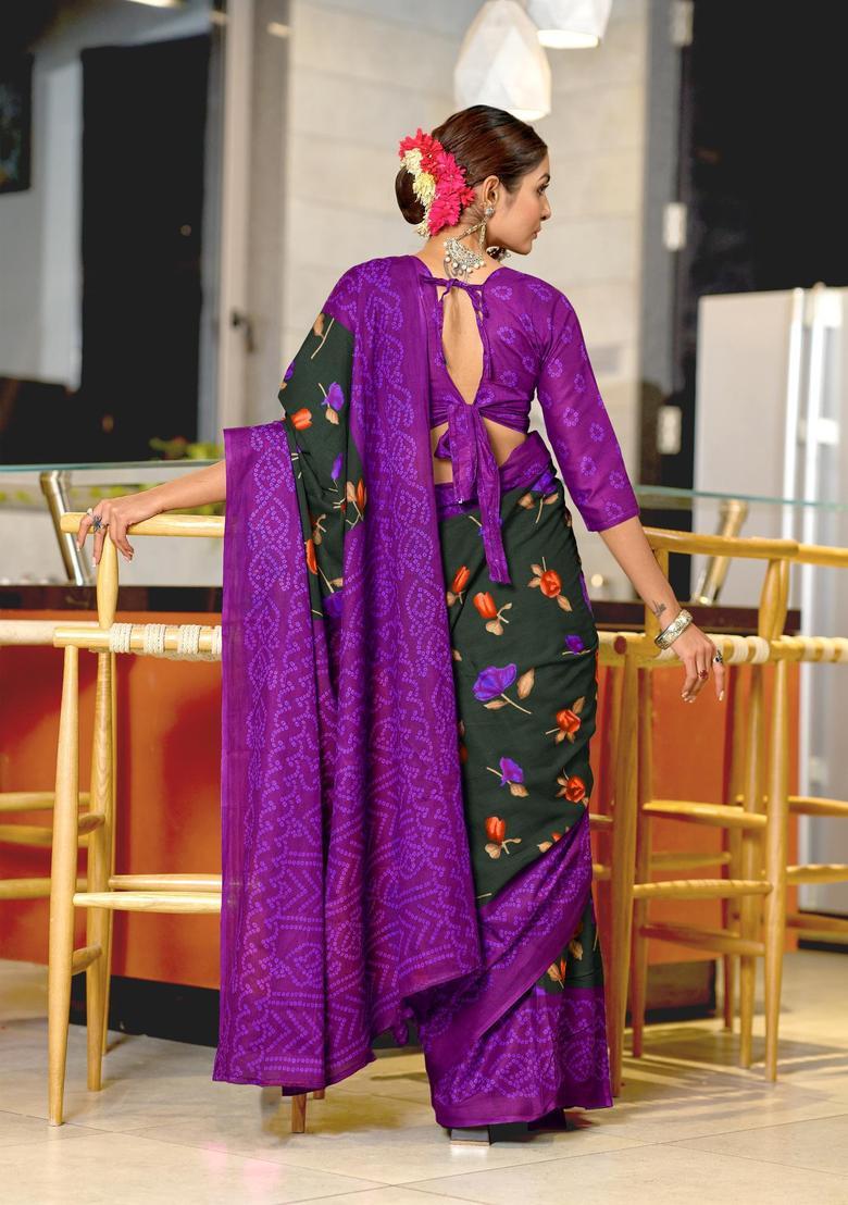 Black Floral Print Cotton Saree Set - Indya
