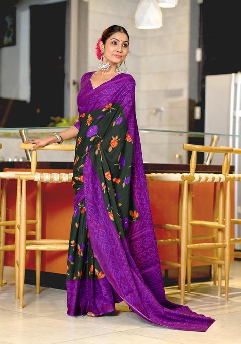 Black Floral Print Cotton Saree Set