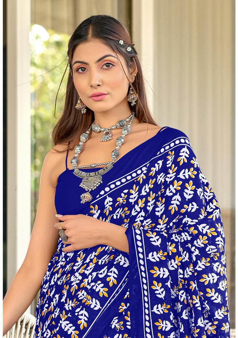 Blue Printed Cotton Saree Set - Indya