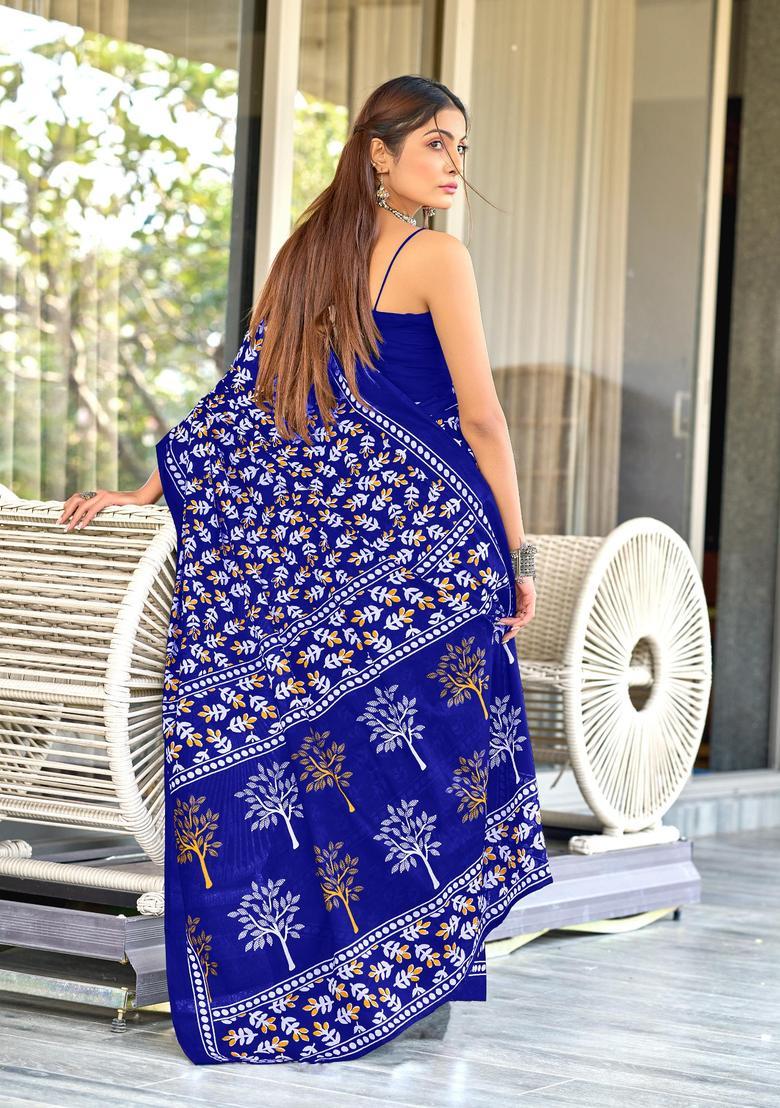 Blue Printed Cotton Saree Set - Indya