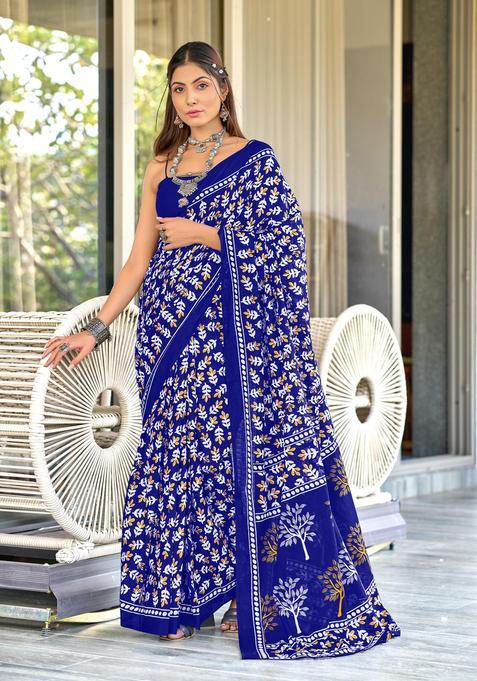 Blue Printed Cotton Saree Set