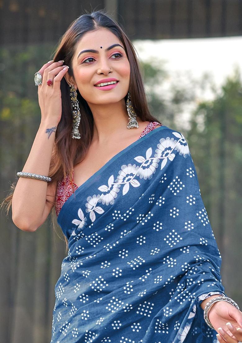 Teal Printed Cotton Saree Set - Indya