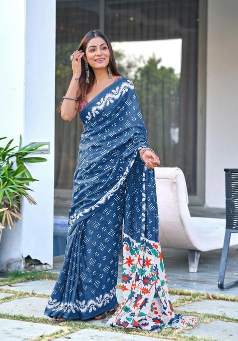 Teal Printed Cotton Saree Set