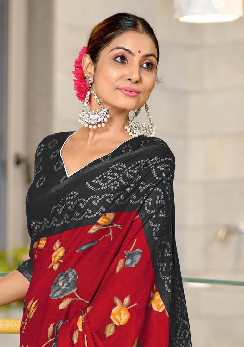 Red Floral Print Cotton Saree Set - Indya