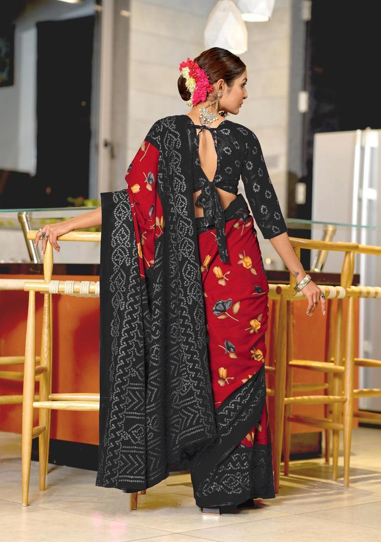 Red Floral Print Cotton Saree Set - Indya