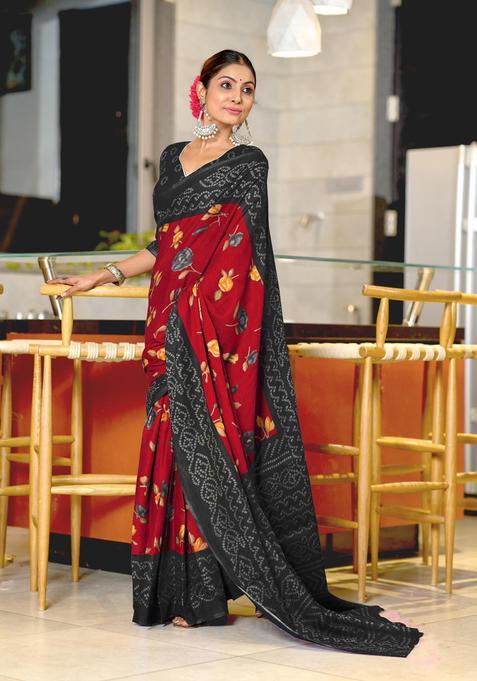 Red Floral Print Cotton Saree Set