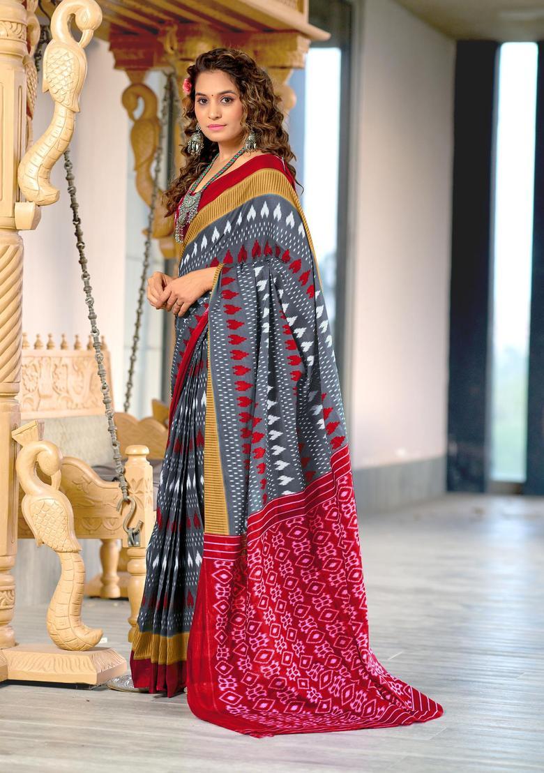 Grey Printed Cotton Saree Set - Indya
