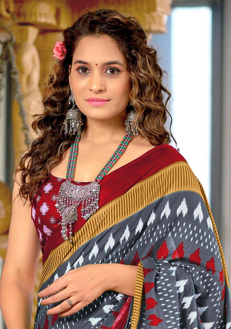 Grey Printed Cotton Saree Set - Indya