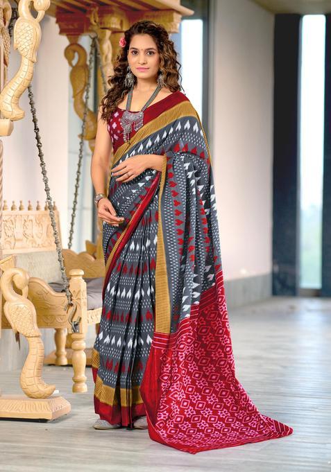 Grey Printed Cotton Saree Set