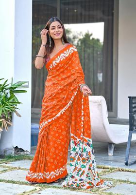 Orange Printed Cotton Saree Set