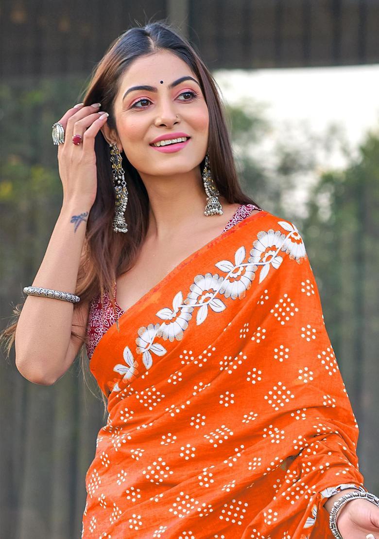 Orange Printed Cotton Saree Set - Indya