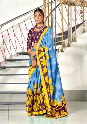 Aqua Floral Print Cotton Saree Set