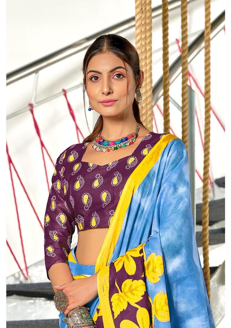 Aqua Floral Print Cotton Saree Set - Indya