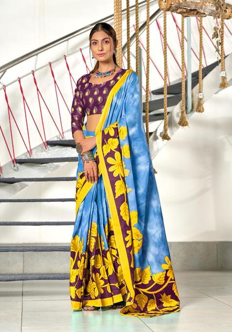 Aqua Floral Print Cotton Saree Set