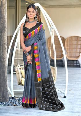 Grey Printed Cotton Saree Set