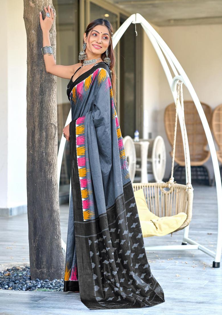 Grey Printed Cotton Saree Set - Indya