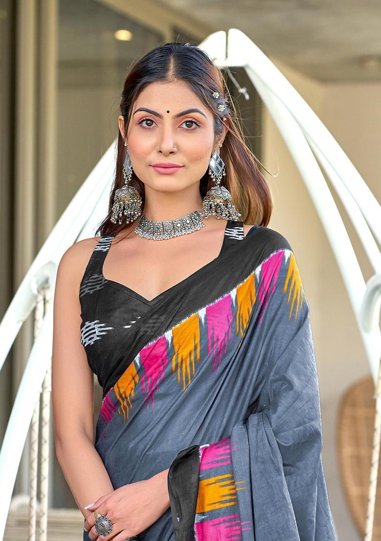 Grey Printed Cotton Saree Set - Indya