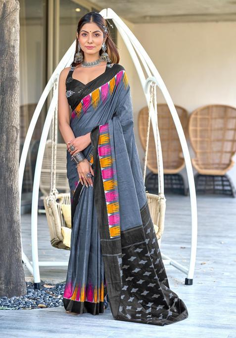 Grey Printed Cotton Saree Set