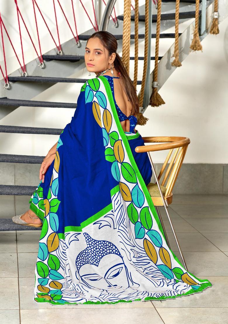 Blue Printed Cotton Saree Set - Indya