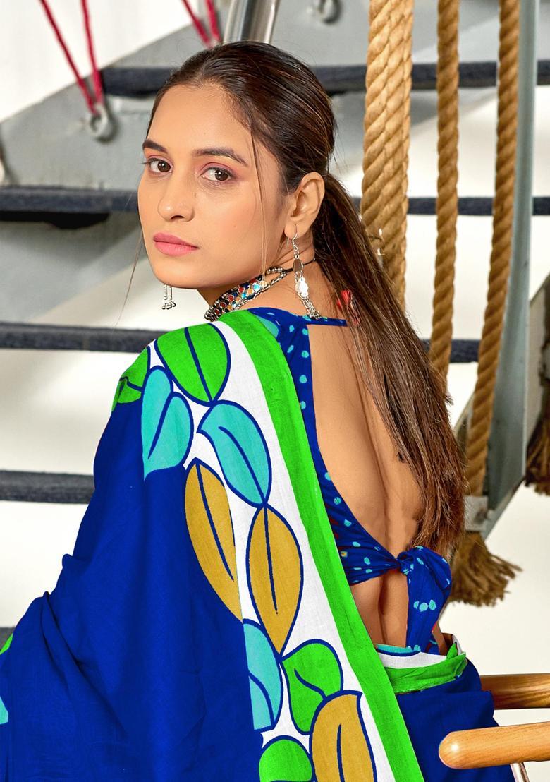 Blue Printed Cotton Saree Set - Indya