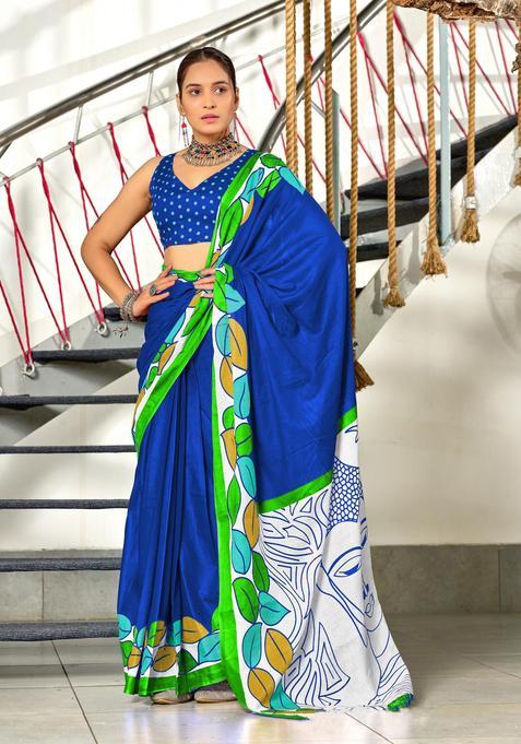Blue Printed Cotton Saree Set