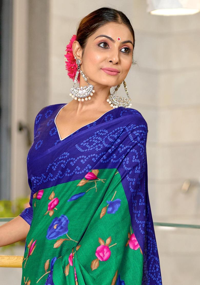 Green Floral Print Cotton Saree Set - Indya