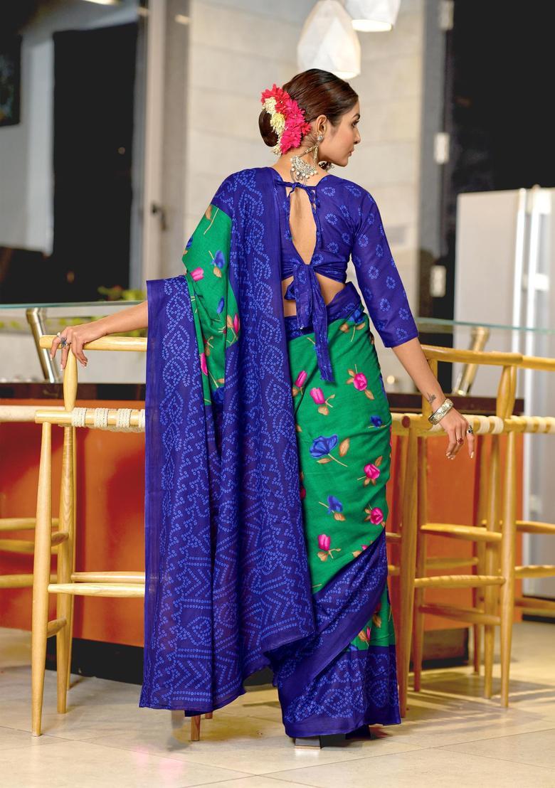 Green Floral Print Cotton Saree Set - Indya