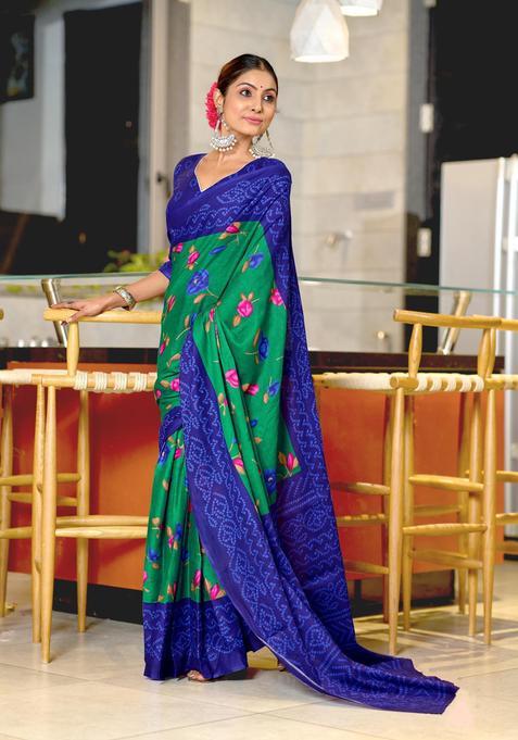 Green Floral Print Cotton Saree Set