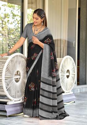 Black Printed Cotton Saree Set