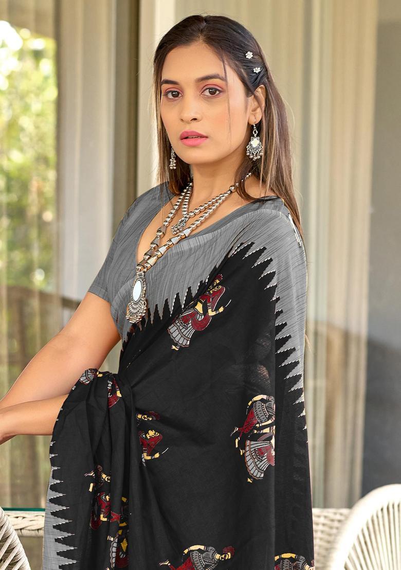 Black Printed Cotton Saree Set - Indya
