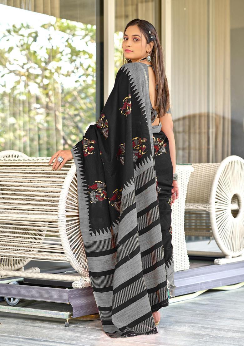 Black Printed Cotton Saree Set - Indya