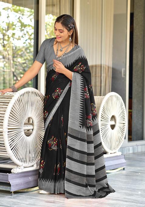 Black Printed Cotton Saree Set