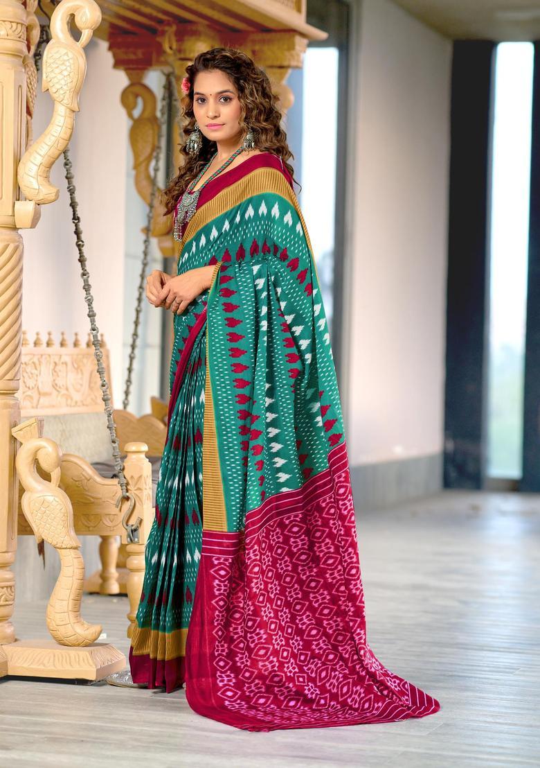 Green Printed Cotton Saree Set - Indya