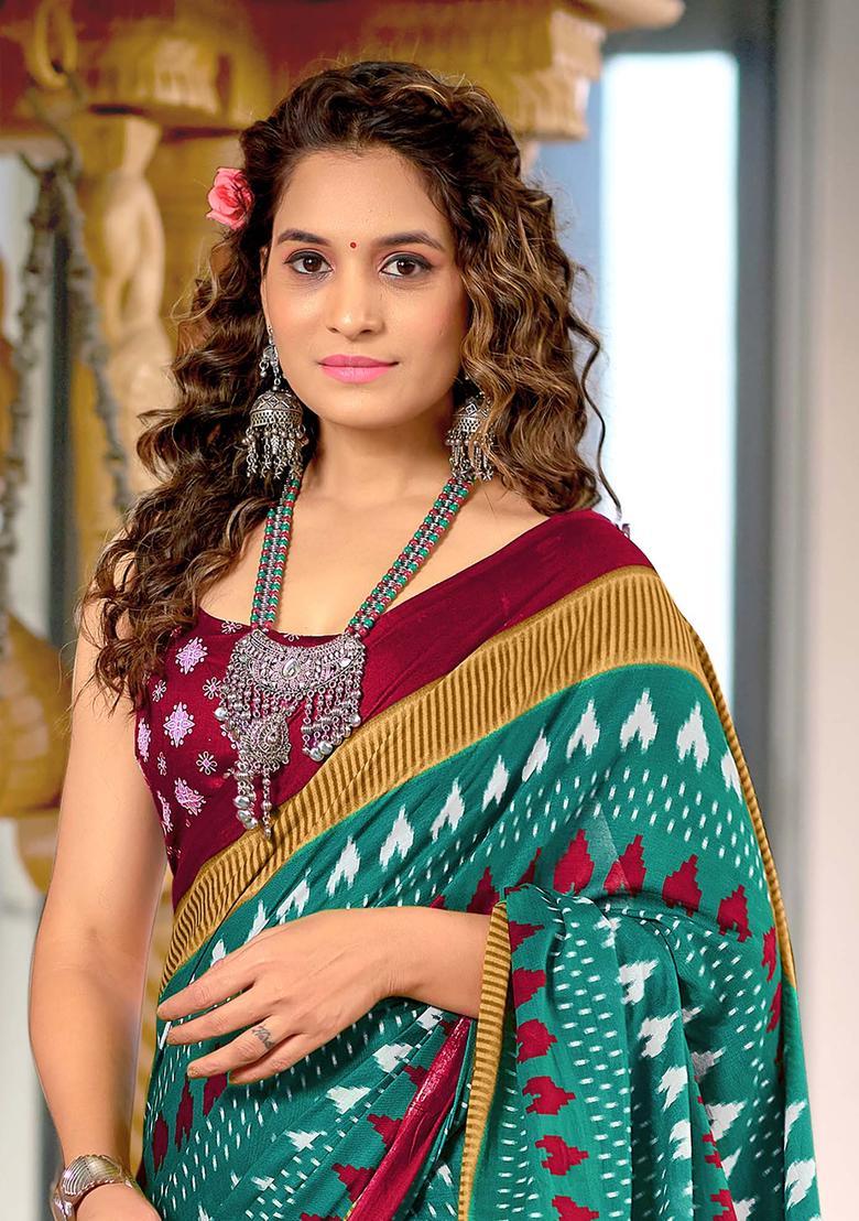 Green Printed Cotton Saree Set - Indya