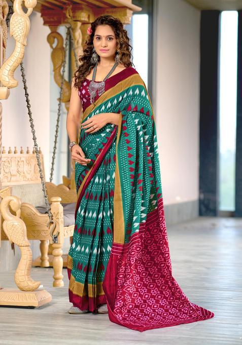 Green Printed Cotton Saree Set