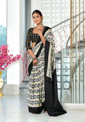 Off White Printed Cotton Saree Set